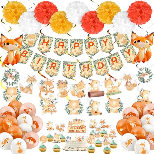 Outus 79 Pcs Fox Theme Birthday Party Decorations Woodland Fox Animal Supplies Kit Include Happy Birthday Banner Pom Pom Flowers Hanging Swirls Latex Balloons Cupcake Topper