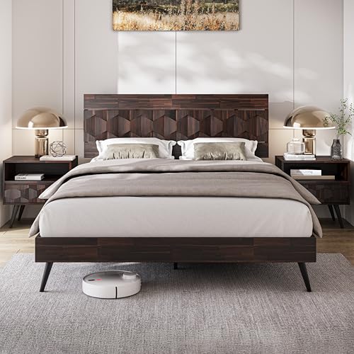 Image of Bme Georgina Solid Wood Nightstand With 1 Drawer & Open Shelf- Fully Assembled Mid Century Modern Side Table - Geometric Pattern Bedside Dresser for Bedroom and Living Room