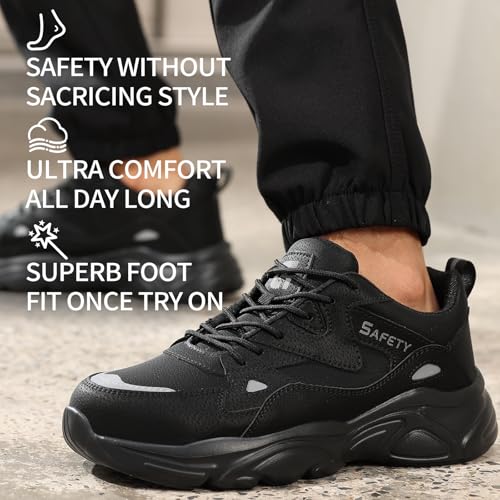 Image of GLANOUDUN Steel Toe Work Shoes for Men, Lightweight Black Work Shoes with Puncture Resistant Midsole, Comfortable Safety Footwear for Warehouse Construction