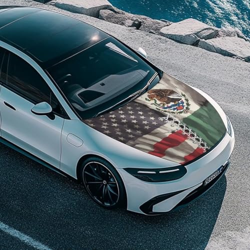 Image of American Mexican Flag Car Hood Cover Stretchable Polyester,Engine Cover,Elastic Fabrics Can be Washed,Car Bonnet All-Season Protection