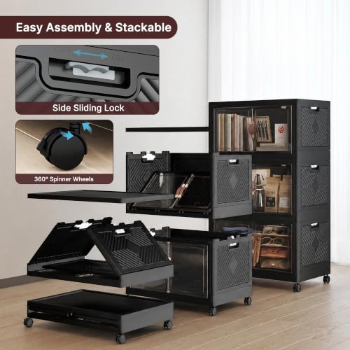 Image of Stackable Storage Bins with Lids, 330QT Lockable Storage Cabinet | Closet Organizers, Foldable Storage Box with Doors and Wheels, Plastic Drawers for Home, Garage, Office (3, Black, Plus)