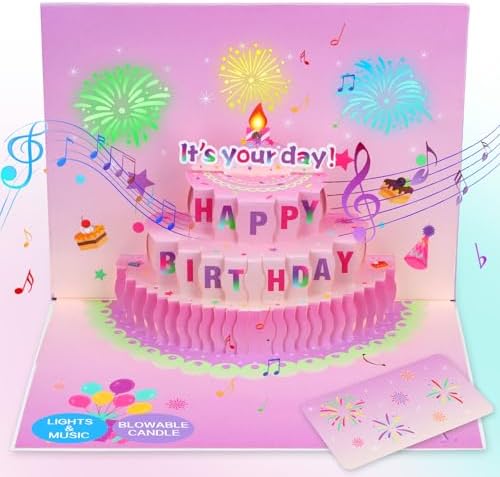 FaCraft Musical Birthday Cards - Music and Light & Blowable Candle 3D Pop Up Happy Birthday Cards with Envelope Blank Insert for Women Men Kids Girls Sister (It's Your Day)