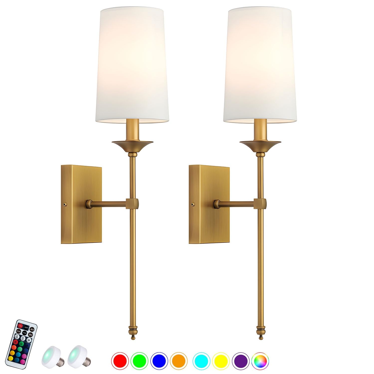 VDOQTLJT Wall Light Battery Operated Sconce Set of 2 Powered with Remote ble Bulb not Hardwired Fixture Indoor Wireless Lamp Compatible with Bedroom Living Room Vanity(Gold,Colorful)