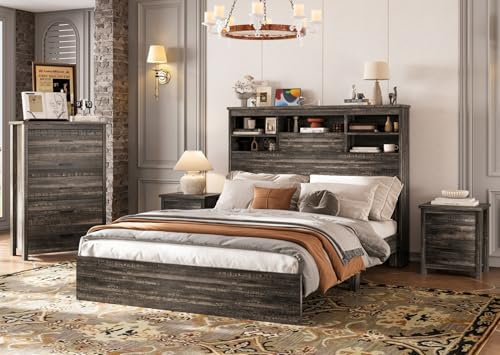 Image of Merax 4-Pcs Queen Size Bed Frame Dresser Night Stand Bedroom Set, Platform with USB Charging Ports Storage Headboard & 1 x 5 Drawers Cabinet & 2 x Nightstands, Wooden, Antique Grey