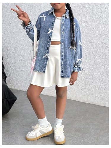 WDIRARA Girl's Bow Denim Jacket Button Down Long Flounce Sleeve Jean Outerwear4