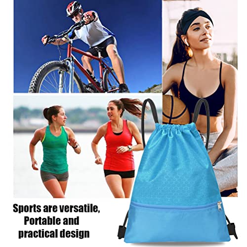 Image of Drawstring Backpack Bag, Waterproof Draw String Back Sack with Zip Pocket, Gym Drawstring Bags Swim Bag for Men Women