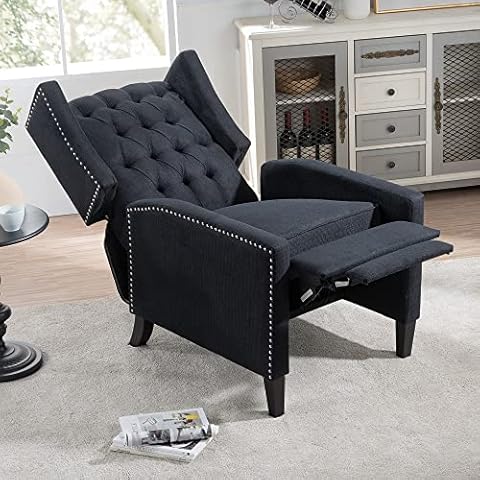 ARCTICSCORPION Upholstered Button Tufted Sofa Club Chair, Recliner Sofa Chair with Adjustable Back and Footrest, Fabric Push Back Recliner for Bedroom, Living Room, Black Cover
