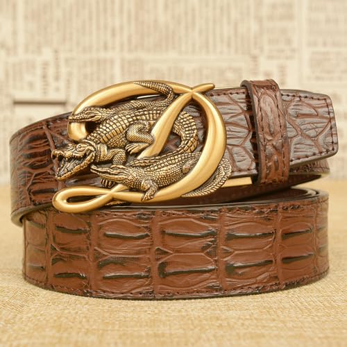 Men's Crocodile Pattern Leather Ratchet Belt With Gold Carved 3-Crocodile Automatic Buckle, Cut-to-Fit4