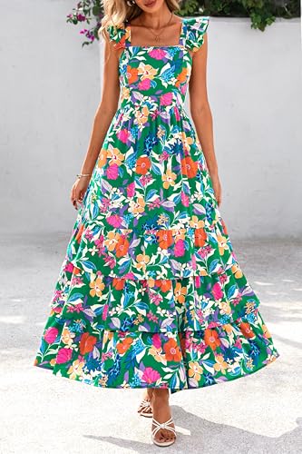 dowerme Summer Dresses for Women 2025 Casual Ruffle Smocked Tiered A-Line Boho Floral Maxi Beach Sun Dress with Pockets3