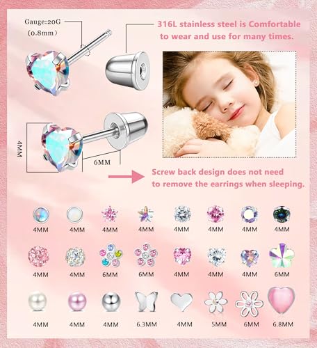 YADOCA 24Pairs Hypoallergenic Earrings for Girls Women - 𝑺𝒖𝒓𝒈𝒊𝒄𝒂𝒍 𝑺𝒕𝒆𝒆𝒍 Screw Back Earring Cute Kids Baby Toddler Earrings 4mm Tiny Screwback Flat Back Stud Earring Set Age: Over 3 Years Old2