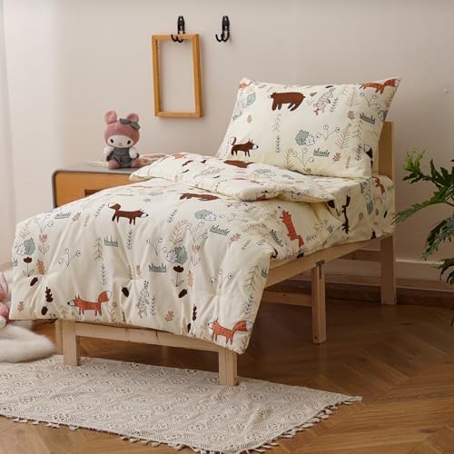 Image of Luxlovery Toddler Comforter Set Cartoon Bear Printed Kids Children Yellow Bedding Set Bed Set for Dorm Kid's Bedroom 4 Pieces (1 Comforter, 1 Flat Sheet, 1 Fitted Sheet, 1 Pillowcase)