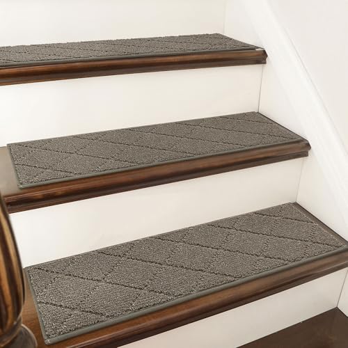 Image of COSY HOMEER Stair Treads for Wooden Steps 9 inchx28 inch Washable Indoor Carpet Stair Treads Non Slip Soft Polyester Stair Carpet Tread Reusable Stair Runner Rugs for Kids, Elders,Pets,Light Brown,15pcs