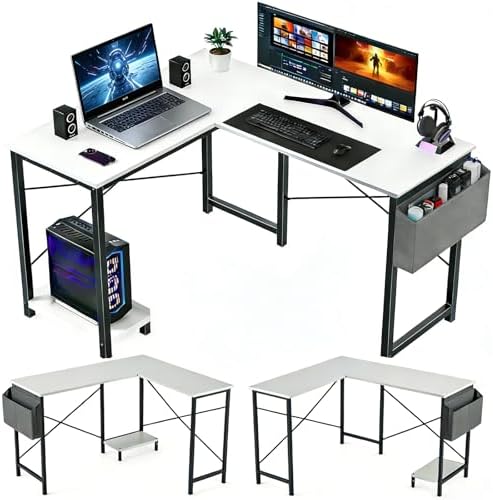 L-Shaped Home Office Computer Desk, Gaming Desk with CPU Stand Shelf and Hanging Storage Pocket, Corner Student Study Writing Table, Sturdy Metal Frame, 43.3" D x 50" W, Classic White