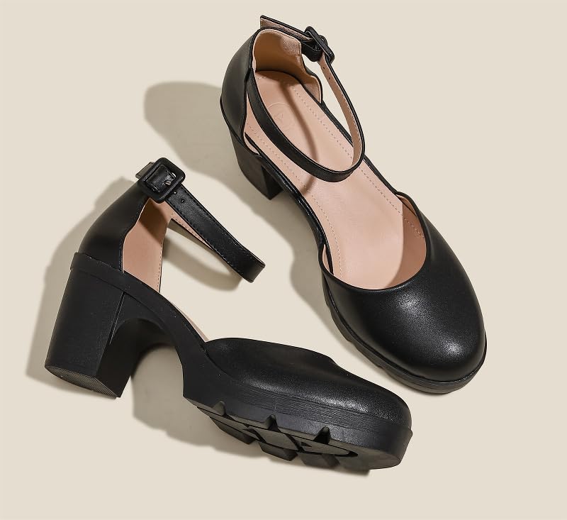 kkdom Women's High Heel Closed Round Toe Ankle Strap Chunky Wedding Pumps Shoes4