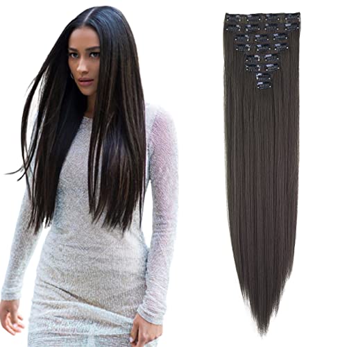 Cybelleza Extensiones de Clip de Pelo Natural Liso 60cm 8 Piezas Extensiones de Cabello Postizo Sintético Largo Cabeza Completa para Mujer (Marrón medio)