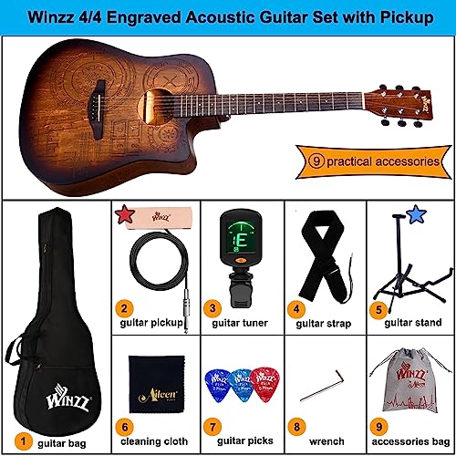 Winzz 4/4 Guitare Folk Débutant, Guitare Acoustique Adulte 41 Pouces, Guitare Country et Folk (Gravure Vintage) Marron - Les Beatles, Paul McCartney, John Lennon, RIngo Starr, George Harrison Winzz 4/4 Guitare Folk Débutant, Guitare Acoustique Adulte 41 Pouces, Guitare Country et Folk (Gravure Vintage) Marron – Image 7
