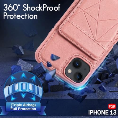 Image of amazon basics Premium Vegan Leather Back Cover with Card Holder and Integrated Mobile Stand for iPhone 14 - Slim Shockproof Wallet Case with Geometric Stitching [Pink]