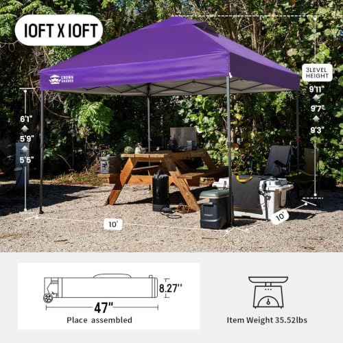 Image of CROWN SHADES 10x10 Pop Up Canopy - Patented Center Lock One Push Instant Outdoor Canopy Beach Tent with STO-N-Go Bag 8 Stakes & 4 Sand Bags,Purple