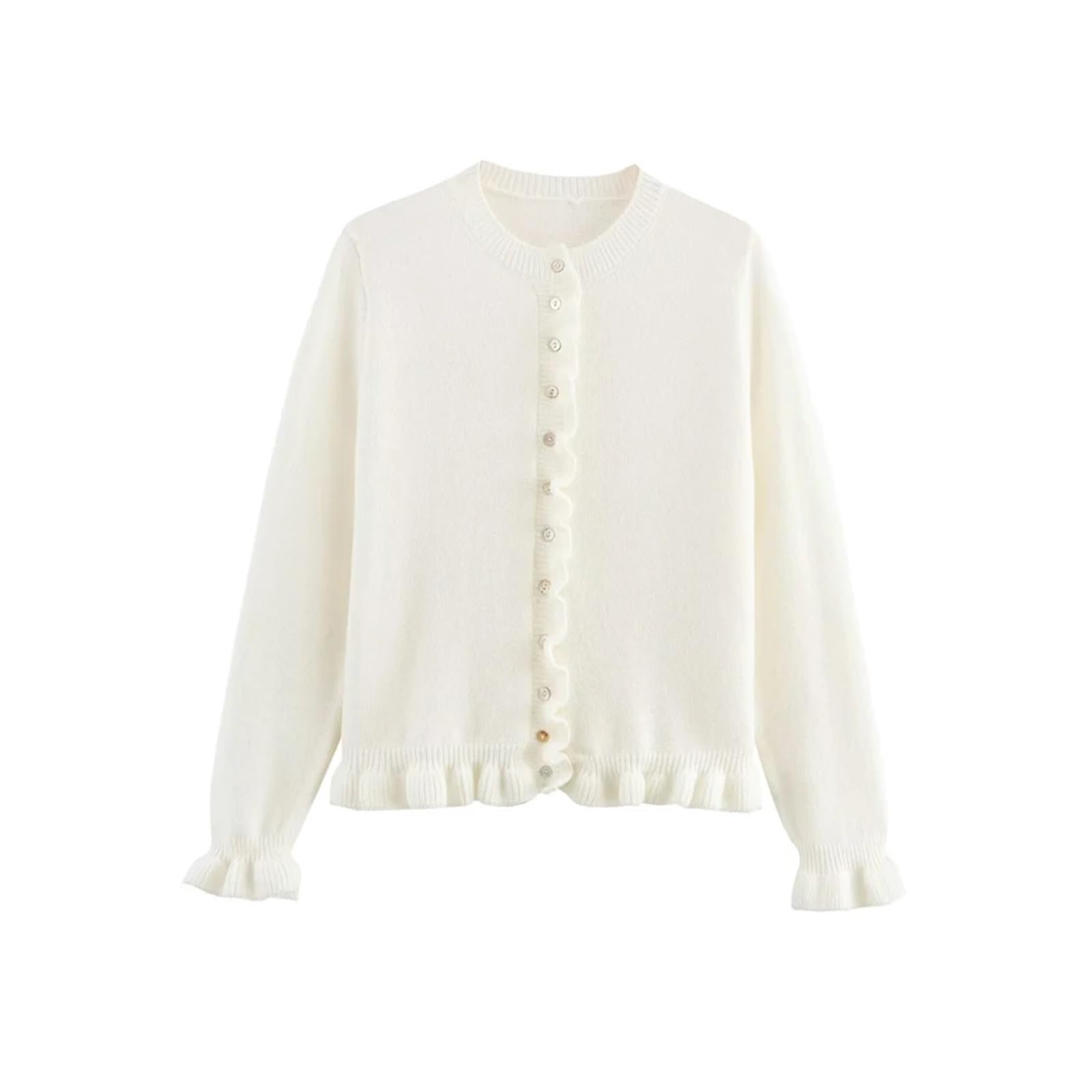 Cárdigan de Punto con Volantes for Mujer, suéter Elegante Cuello Redondo, Manga Larga y Botones Delanteros, Prenda Exterior Cárdigan Mujer
