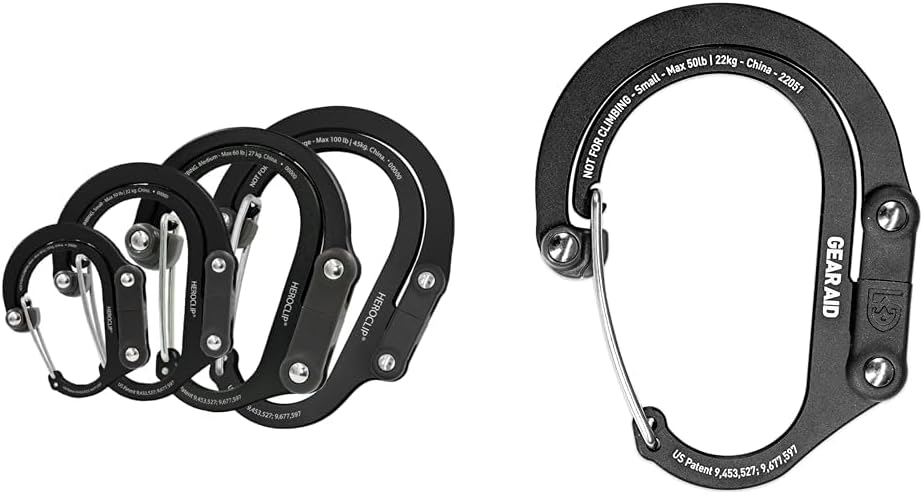 GEAR AID HEROCLIP Carabiner Clip and Hook (Large, Medium, Small, Mini) for Camping & HEROCLIP Carabiner Clip and Hook (Small) for Purse, Stroller, and Backpack, Stealth Black