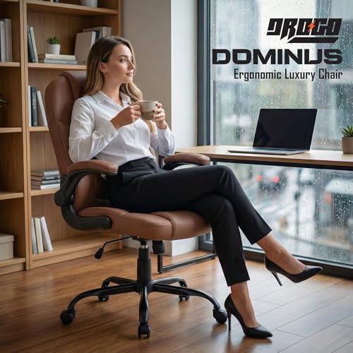 Image of DROGO Aurum Ergonomic Office Chair for Work from Home | Computer Chair for Study | PU Leather Executive Boss Chair with Flip-Up Armrest, Wide Cushion Seat (Brown)