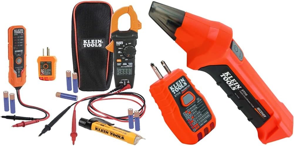 Klein Tools CL120VP Electrical Voltage Test Kit with Clamp Meter, Three Testers, Test Leads, Pouch and Batteries & ET310 AC Circuit Breaker Finder with Integrated GFCI Outlet Tester