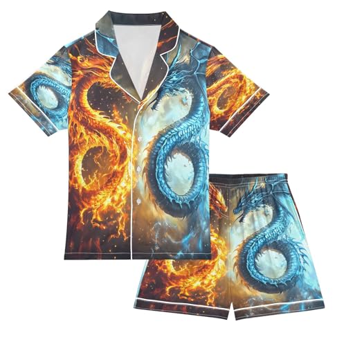 ALAZA Funny Dragon Fire Water Satin Pajamas Set Short Sleeve Button Down Sleepwear Summer Pjs 2 Piece