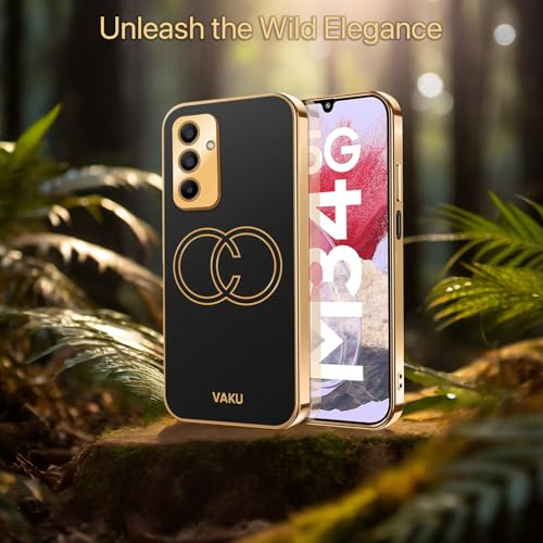 Image of Vaku Luxos Skylar Back Cover for Samsung Galaxy M34 5G with Leather Pattern Gold Electroplated Soft TPU Cover Shockproof Protective Case- Black