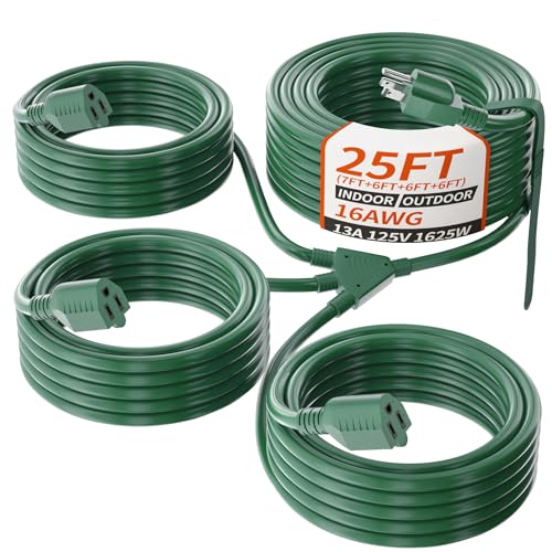 PlugSaf 1 to 3 Splitter Outdoor Extension Cord with Multiple Outlets; 25FT Total (7+6+6+6) 13FT End to End; 16/3 SJTW Green Extension Cord Outdoor Waterproof for Halloween Christmas; 16AWG 1625W ETL