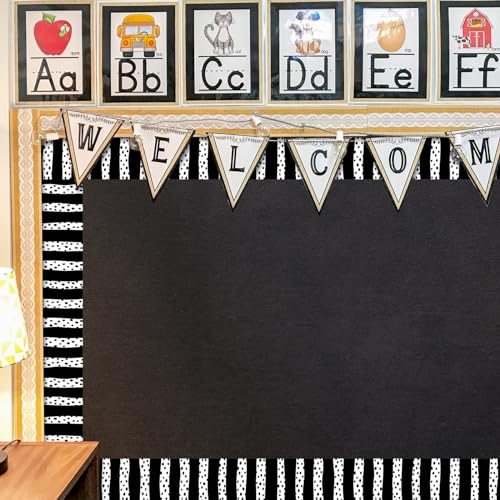Image of Whaline 32.8 Ft Bulletin Board Borders Black White Dot Stripe Die-Cut Rolled Border Trim for Back to School Classroom Office Chalkboard Decoration