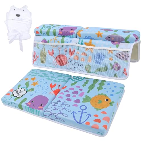 Image of YGLOLRAME Baby Bathtub Bath Kneeler and Elbow Rest Pad with Toy Organizer Pockets Thickened Bath Kneeling Pad for Baby Toddler Bathing Mat Parents Quick Drying, Foldable, Non-Slip, Blue