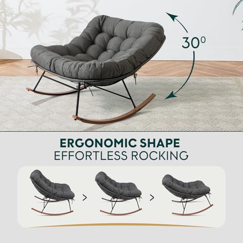 Image of Bme Patio Rocking Chair Outdoor & Indoor, Metal Patio Lounge Rocking Chair with Thick Cushion, Comfy Modern Rocker Chair for Living Room, Porch, Backyard, Grey Cushion - Wood Texture Rocker