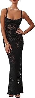Women’s Cocktail Dress Sexy Lace Hollow Out Transparent Sleeveless Spaghetti Straps Slim Fit Maxi Party Club Evening Dress