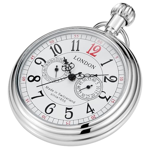 Montre à gousset mécanique en acier inoxydable - Motif train de Londres - Style vintage - Avec chaîne, Argenté, Classique