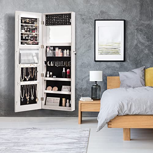 Costway Mirrored Jewelry Armoire, Wall Door Mounted Jewelry Organizer W/ Full Length Led Touch Screen Mirror & Large Storage, Lockable Jewelry Storage Cabinet For Living Room, Bedroom (White) #TOP1