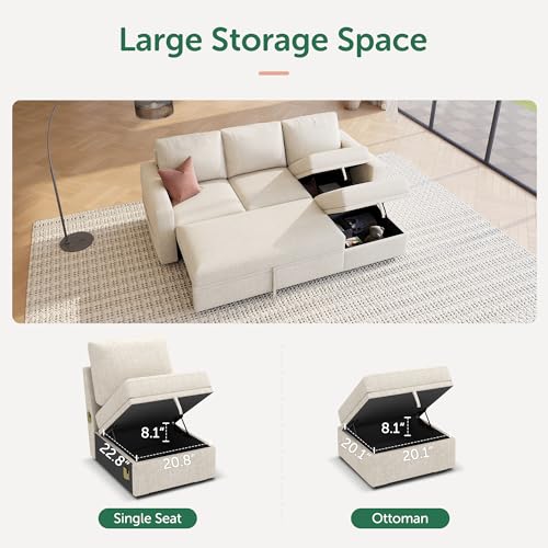Image of HONBAY Modular Sectional Sleeper Sofa with Pull Out Bed, L Shaped Couch with Storage Seat, Modular Sectional Couches for Living Room - Beige