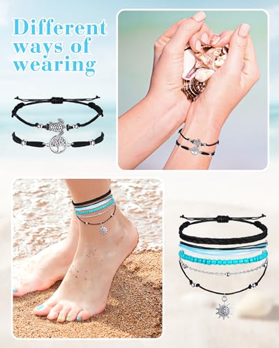Image of Hicarer 21 PC Surfer Wave Friendship Bracelet Set Waterproof Adjustable Boho Beach String Anklets Bulk, Summer Gift for Women