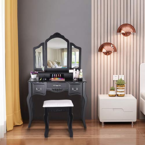 Vanity Set with Tri-Folding Mirror and 5 Drawers, Makeup Dressing Table with Cushioned