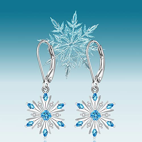 Snowflake Earrings For Women Sterling Silver Christmas Earrings Drop & Dangle Blue Snowflake Princess Cut Sapphire Winter Gifts #TOP3