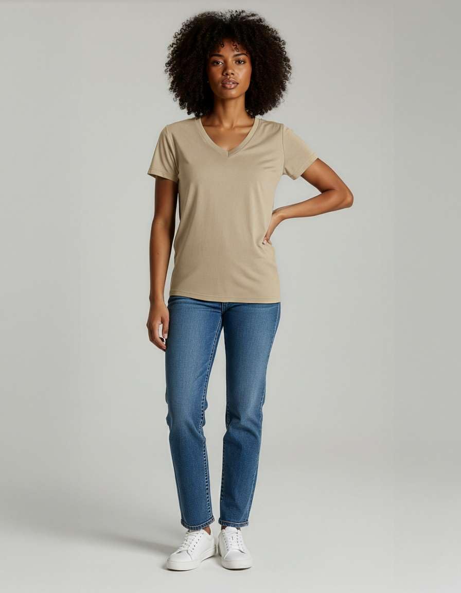 Real Essentials 4er-Pack: Kurzärmeliges Damen-T-Shirt aus Baumwolle mit V-Ausschnitt in klassischer Passform (in Übergröße erhältlich)
