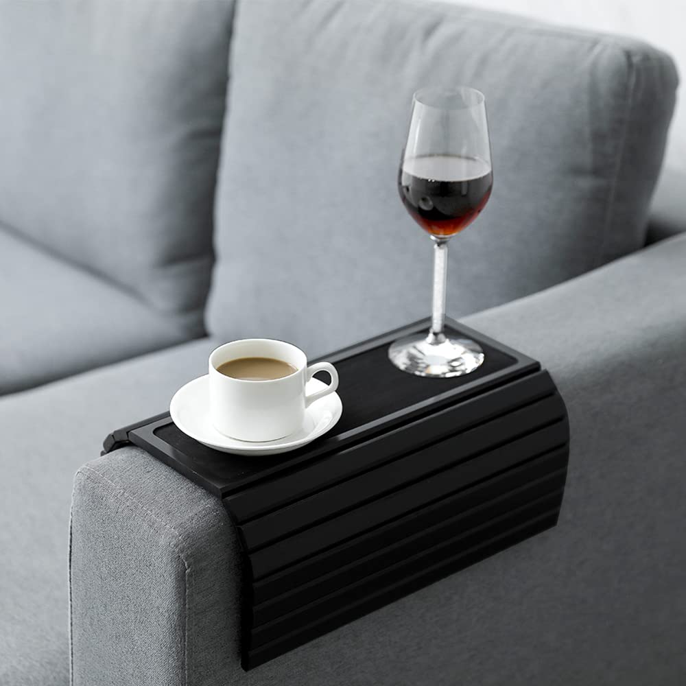 Sofa Arm Tray Table Slinky Secure/Flexible/Foldable Couch Tray Table with Non-Slip Mat for Drinks, Food, Phone or Remote. Sustainable Slinky Bamboo Design (16.5" L x 13.25" W x 0.4" H, Black)