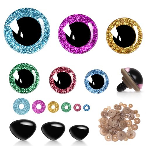 90 Stück 12-30mm Sicherheitsaugen Set, Bunte Glitzer Knopfaugen mit Sicherheitsnasen und Unterlegscheiben, Kunststoff Augen zum Basteln, Puppenherstellung und Plüschtier (90)