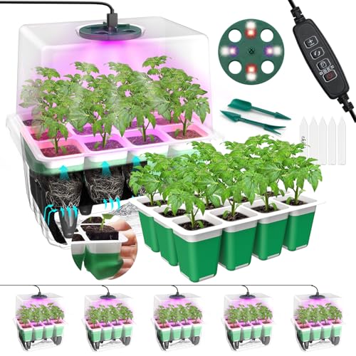 MQUPIN Seed Starter Tray with Grow Light,5 Pack Self Watering Seed Starter Kit with Humidity Domes,Timing Controller, Adjustable Brightness,Reusable Seedling Starter Trays Germination kit(60 Cells)