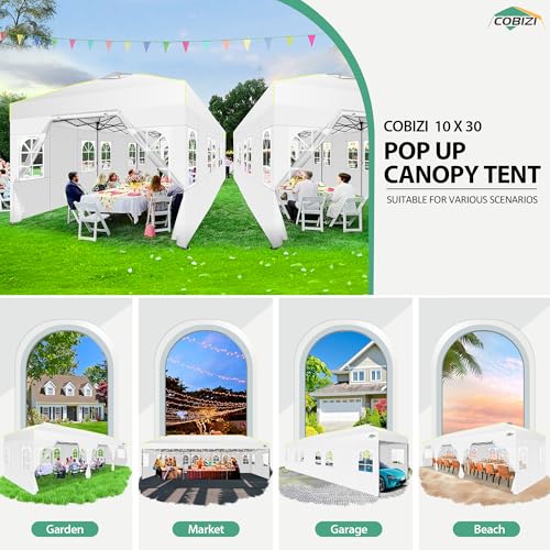 Image of COBIZI 10x30 Pop Up Canopy Tent with Sidewalls 10x30 Party Canopy, Outdoor Wedding Event Tent for Parties UPF 50+ Waterproof Gazebo with Air Vent, Wheeled Bag, Sandbag, Stake, Rope,(White