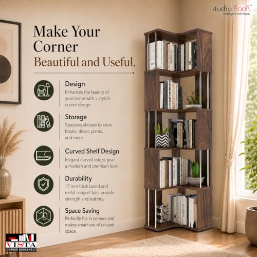 Image of Studio Kook Vista Engineered Wood Corner Bookshelf | Bookcase (Matte Finish) (Junglewood)