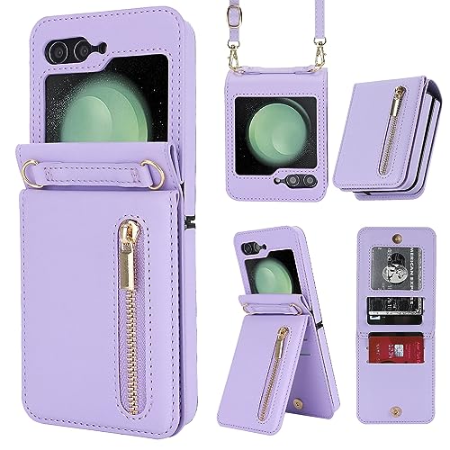 for Samsung Galaxy Z Flip 6 Luxury Zipper Wallet Phone Case, Multi-Function Kickstand Card Holder Adjustable Crossbody Strap, Fashion Flip Case.(Purple) Purple Samsung Galaxy Z Flip 6