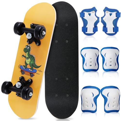 Honoson 7 Pcs Skateboard for Toddlers Beginners Knee Elbow Pads Wrist Guards Gear Set (Cute Dinosaur Age 2-5 Kids 17 x 5)