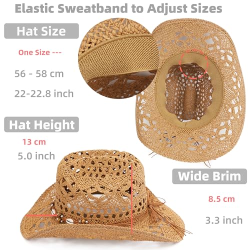 Melesh Straw Cowboy Hat, Western Cowgirl Hat, Wide Brim Sun Beach Hat for Men and Women (US, Alpha, One Size, Khaki-M26) - Image 4