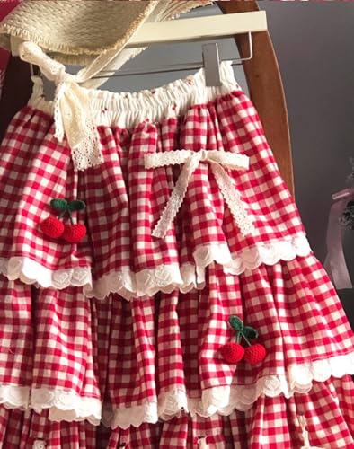 Japanese Style Lolita Cherry Gingham Skirt Lace Bowknots Tiered Ruffle Elastic High Waist A-line Cute Midi Skirts3