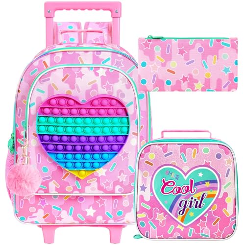 4PCS Love Rolling Backpack for Girls - Cute Wheeled School Set with Lunch Box,Water Resistant Roller School Backpack on Wheels for Elementary Kids Travel